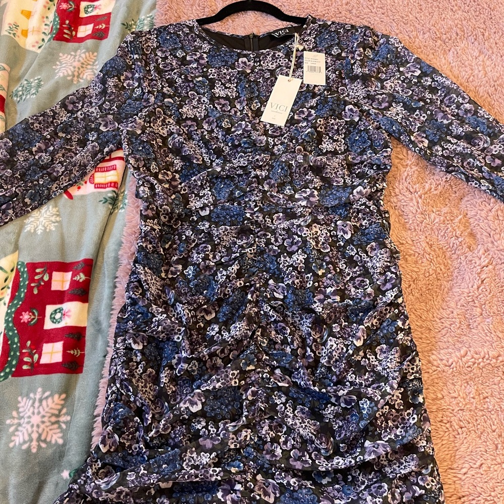 Vici Long Sleeve Floral Ruched Chiffon Ruffle High Neck Mini Dress